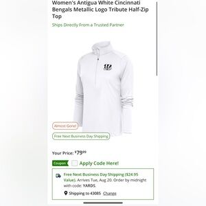 NWT Women's Antigua White Cincinnati Bengals Metallic Logo Tribute Half-Zip Top